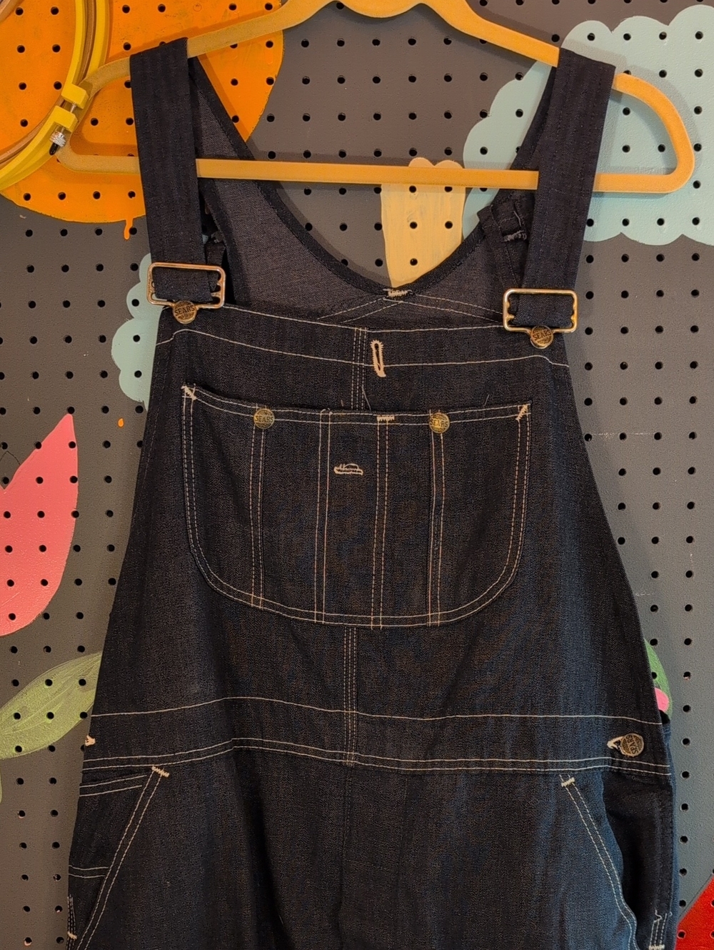 Sears Dark Blue Denim Overalls with Cream Stitching 42 X 30